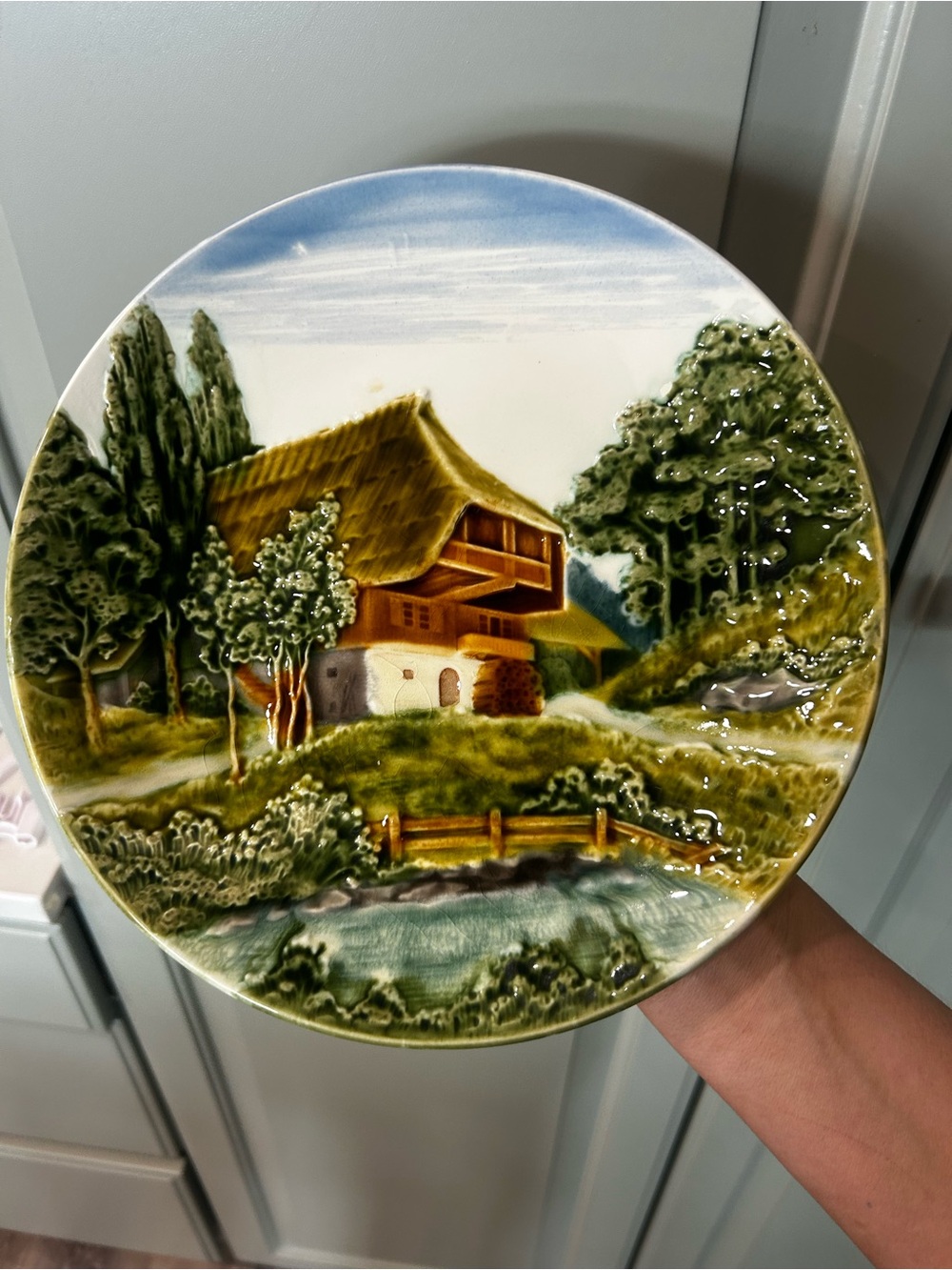 Vintage Germany Decorative Plate  Forest Cottage Scene 3D Ceramic 9 inches